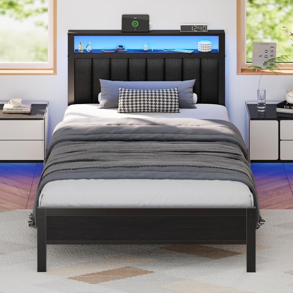imageFurnulem Twin Size Bed Frame with Charging Station and LED Lights Platform Bed with Metal Slats Grey Upholstered Headboard with 2Tier Storage Shelves No Box Spring NeededBlack Oak