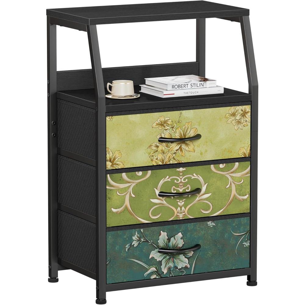 imageFurnulem White Nightstand with 3 Drawers and 2Tier Shelf Small Night Stand End Table Side Furniture Fabric Storage Organizer for Bedroom Closet Hallway Nursery Sturdy Steel Frame Wood TopVintage Floral