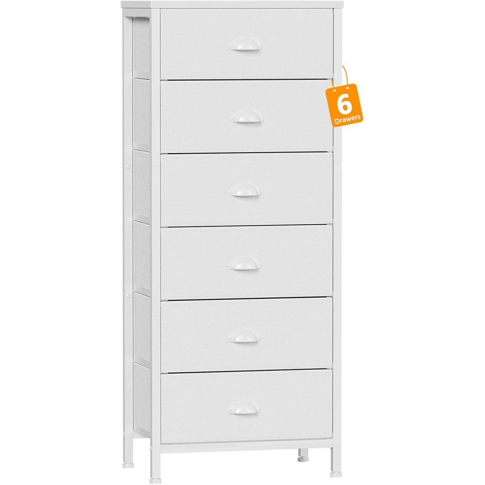 imageFurnulem White Tall Dresser for BedroomVertical Storage Tower Unit and End Table with 6 Fabric Drawers Nightstand Furniture with Drawer Organizer in Living RoomClosetEntrywayHallywayWhite