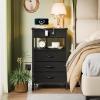 Furnulem 5 Drawers Dresser with Charging Station, Fabric Chest of Drawers with Open Shelf, Tall Night Stand, Bedside Table for Closet, Entryway, Bedroom Furniture, 3 Ways to Use, Black Oak(Black Oak)