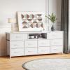 Furnulem 55” Long Dresser for Bedroom, TV Stand for 55 to 65 inch TV, White Dresser with 10 Fabric Drawers, Chest of Drawer for Closet, Entertainment Center with Power Outlet & LED Light(White)