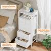 Furnulem Dresser for Bedroom, Tall Nightstand, Vertical Chest with Wood Top, Charging Station, LED Lights, 5 Fabric Bins, Bedside Table with Shelf, Furniture for Entryway (5 Drawer, Rustic Brown)(White)