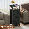 Furnulem Dresser for Bedroom, Tall Nightstand, Vertical Chest with Wood Top, Charging Station, LED Lights, 5 Fabric Bins, Bedside Table with Shelf, Furniture for Entryway (5 Drawer, Rustic Brown)(Black Oak)
