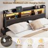 Furnulem Full Size Bed Frame with Wood Headboard, Metal Platform Bed Frame Full Size with 2 Storage Drawers and Shelf, LED Lights and Charging Station, No Box Spring Needed, Noise Free, Black(Queen)
