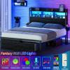 Furnulem Full Size Bed Frame with Wood Headboard, Metal Platform Bed Frame Full Size with 2 Storage Drawers and Shelf, LED Lights and Charging Station, No Box Spring Needed, Noise Free, Black(Queen)