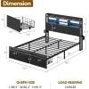 Furnulem Full Size Bed Frame with Wood Headboard, Metal Platform Bed Frame Full Size with 2 Storage Drawers and Shelf, LED Lights and Charging Station, No Box Spring Needed, Noise Free, Black(Queen)