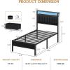 Furnulem Queen Bed Frame with Charging Station and LED Lights, Grey Upholstered Headboard with Shelves, Metal Platform Bed with 2 Under-Bed Storage (Fabric Drawer on Wheels), No Box Spring Needed(Twin)