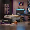 Furnulem Queen Bed Frame with Charging Station and LED Lights, Grey Upholstered Headboard with Shelves, Metal Platform Bed with 2 Under-Bed Storage (Fabric Drawer on Wheels), No Box Spring Needed(Twin)