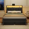 Furnulem Queen Bed Frame with Charging Station and LED Lights, Grey Upholstered Headboard with Shelves, Metal Platform Bed with 2 Under-Bed Storage (Fabric Drawer on Wheels), No Box Spring Needed(Full)