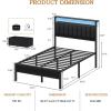 Furnulem Queen Bed Frame with Charging Station and LED Lights, Grey Upholstered Headboard with Shelves, Metal Platform Bed with 2 Under-Bed Storage (Fabric Drawer on Wheels), No Box Spring Needed(Full)
