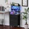 Furnulem Tall Night Stand with 3 Fabric Drawers and LED Lights, Nightstand with Bookshelf, 45.3inch Tall Bedside Tables with USB Ports in Bedroom, Dorm, Office,Metal Frame, Wood Shelves (Black Oak)(Black Oak)