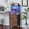 Furnulem Tall Night Stand with 3 Fabric Drawers and LED Lights, Nightstand with Bookshelf, 45.3inch Tall Bedside Tables with USB Ports in Bedroom, Dorm, Office,Metal Frame, Wood Shelves (Black Oak)(Rustic Brown)