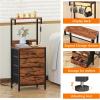 Furnulem Tall Nightstand with Charging Station, Night Stands with LED Lights and Storage Shelves, Bed Side Table for Bedroom, Hallway, Office, 4 Fabric Drawers (Black Oak)(Rustic Brown)