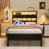 Furnulem Twin Bed Frames with Charging Station and LED Lights, Twin Size Platform Bed with Metal Slats, Wood Headboard with 2-Tier Storage Shelves, No Box Spring Needed, Black Oak(Black Oak)