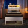 Furnulem Twin Size Bed Frame with Charging Station and LED Lights, Platform Bed with Metal Slats, Grey Upholstered Headboard with 2-Tier Storage Shelves, No Box Spring Needed(White)