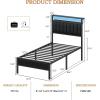 Furnulem Twin Size Bed Frame with Charging Station and LED Lights, Platform Bed with Metal Slats, Grey Upholstered Headboard with 2-Tier Storage Shelves, No Box Spring Needed(Black Oak)