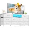 Furnulem 55” Long Dresser for Bedroom, TV Stand for 55 to 65 inch TV, White Dresser with 10 Fabric Drawers, Chest of Drawer for Closet, Entertainment Center with Power Outlet & LED Light(White)