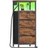 Furnulem Dresser for Bedroom, Tall Nightstand, Vertical Chest with Wood Top, Charging Station, LED Lights, 5 Fabric Bins, Bedside Table with Shelf, Furniture for Entryway (5 Drawer, Rustic Brown)(Rustic Brown)