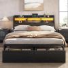 Furnulem Full Size Bed Frame with Wood Headboard, Metal Platform Bed Frame Full Size with 2 Storage Drawers and Shelf, LED Lights and Charging Station, No Box Spring Needed, Noise Free, Black(Queen)