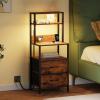 Furnulem Night Stand, Tall Nightstand with 4-Tier Shelves and 3 Fabric Drawers, LED Bed Side Tables with Charging Station, Bedside Table for Bedroom, Hallway, Home Office, Black Oak(Rustic Brown)