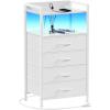 Furnulem Night Stand with Charging Station and Led Light, 4 Drawer Dresser for Bedroom, Small Nightstand Bedside Table, Fabric Bins, Metal Frame, Wood Shelf, Side Furniture(Rustic Brown)(White)