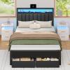Furnulem Queen Bed Frame with Charging Station and LED Lights, Grey Upholstered Headboard with Shelves, Metal Platform Bed with 2 Under-Bed Storage (Fabric Drawer on Wheels), No Box Spring Needed(Full)