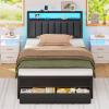 Furnulem Queen Bed Frame with Charging Station and LED Lights, Grey Upholstered Headboard with Shelves, Metal Platform Bed with 2 Under-Bed Storage (Fabric Drawer on Wheels), No Box Spring Needed(Twin)