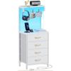 Furnulem Tall Nightstand with Charging Station, Night Stands with LED Lights and Storage Shelves, Bed Side Table for Bedroom, Hallway, Office, 4 Fabric Drawers (Black Oak)(White)