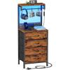 Furnulem Tall Nightstand with Charging Station, Night Stands with LED Lights and Storage Shelves, Bed Side Table for Bedroom, Hallway, Office, 4 Fabric Drawers (Black Oak)(Rustic Brown)