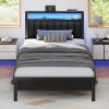 Furnulem Twin Size Bed Frame with Charging Station and LED Lights, Platform Bed with Metal Slats, Grey Upholstered Headboard with 2-Tier Storage Shelves, No Box Spring Needed(Black Oak)