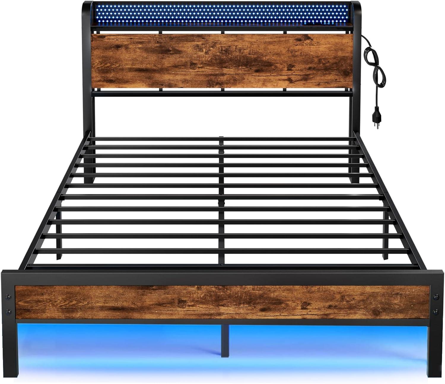 imageFurnulem Full Bed Frame with LED LightsIndustrial Storage Headboard with Charging StationUSB PortUnder Bed StorageWood Platform with Strong Metal SupportNo Box Spring Needed SilentFull