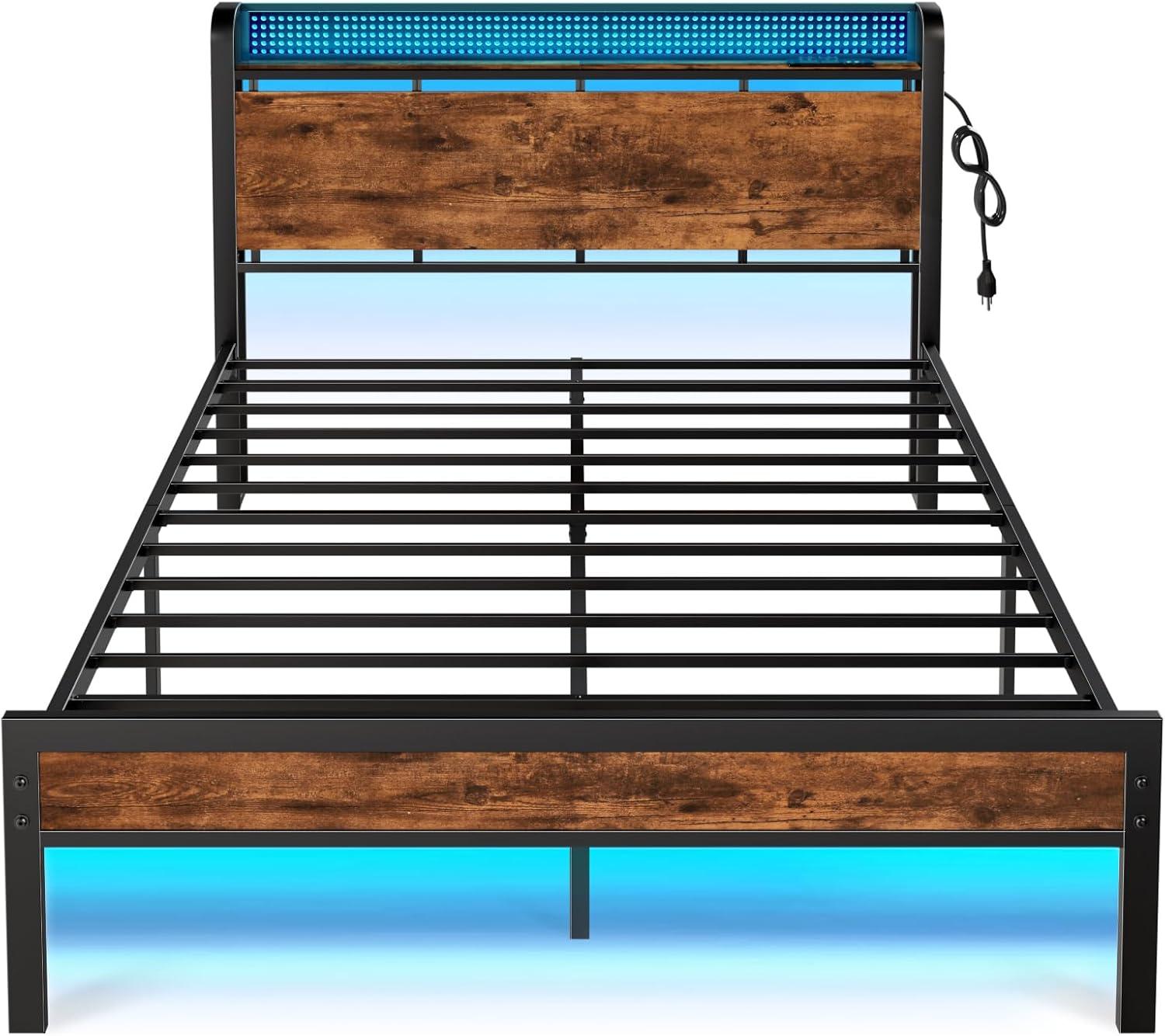imageFurnulem Full Bed Frame with LED LightsIndustrial Storage Headboard with Charging StationUSB PortUnder Bed StorageWood Platform with Strong Metal SupportNo Box Spring Needed SilentQueen