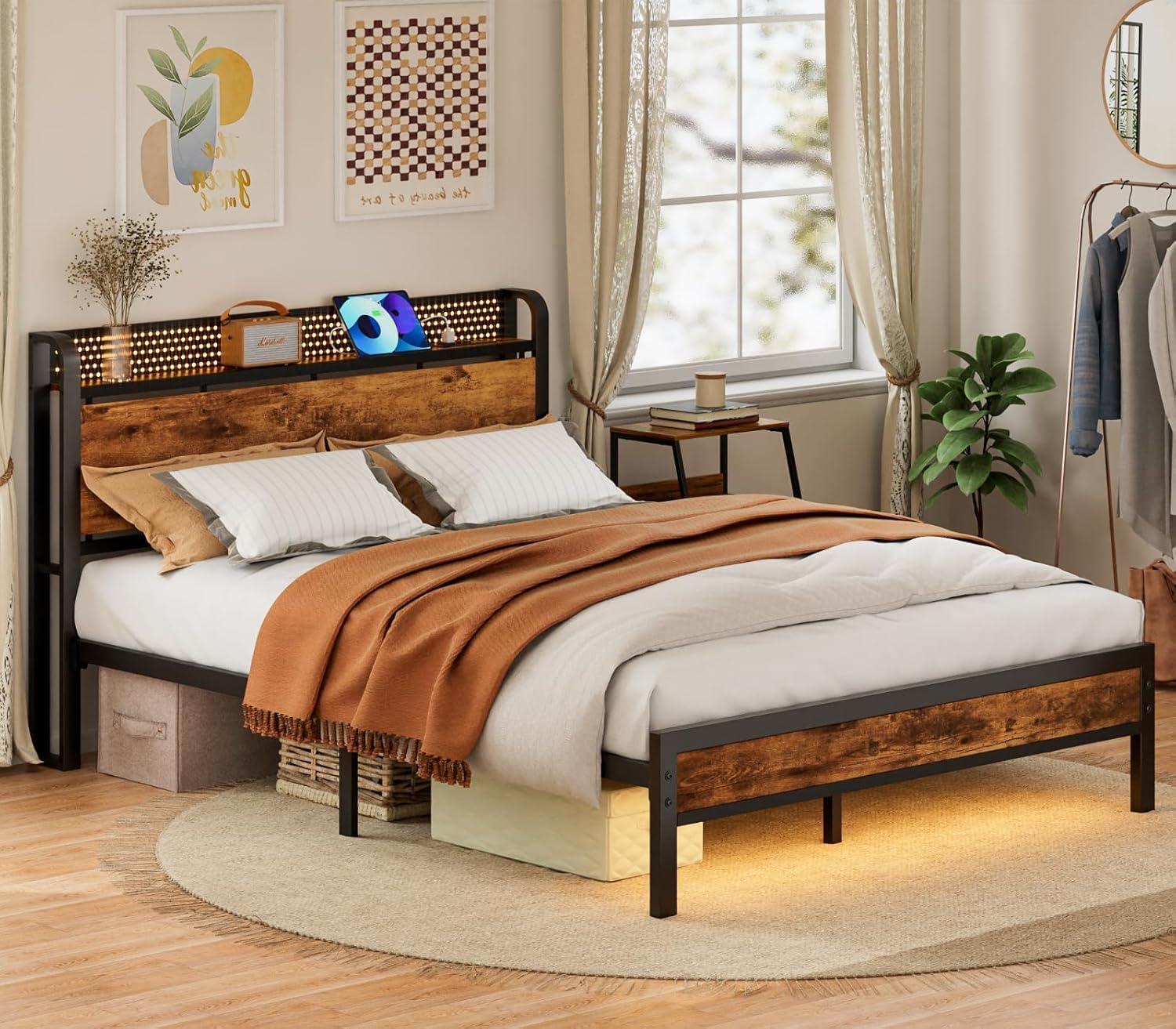 imageFurnulem Full Bed Frame with LED LightsIndustrial Storage Headboard with Charging StationUSB PortUnder Bed StorageWood Platform with Strong Metal SupportNo Box Spring Needed SilentQueen