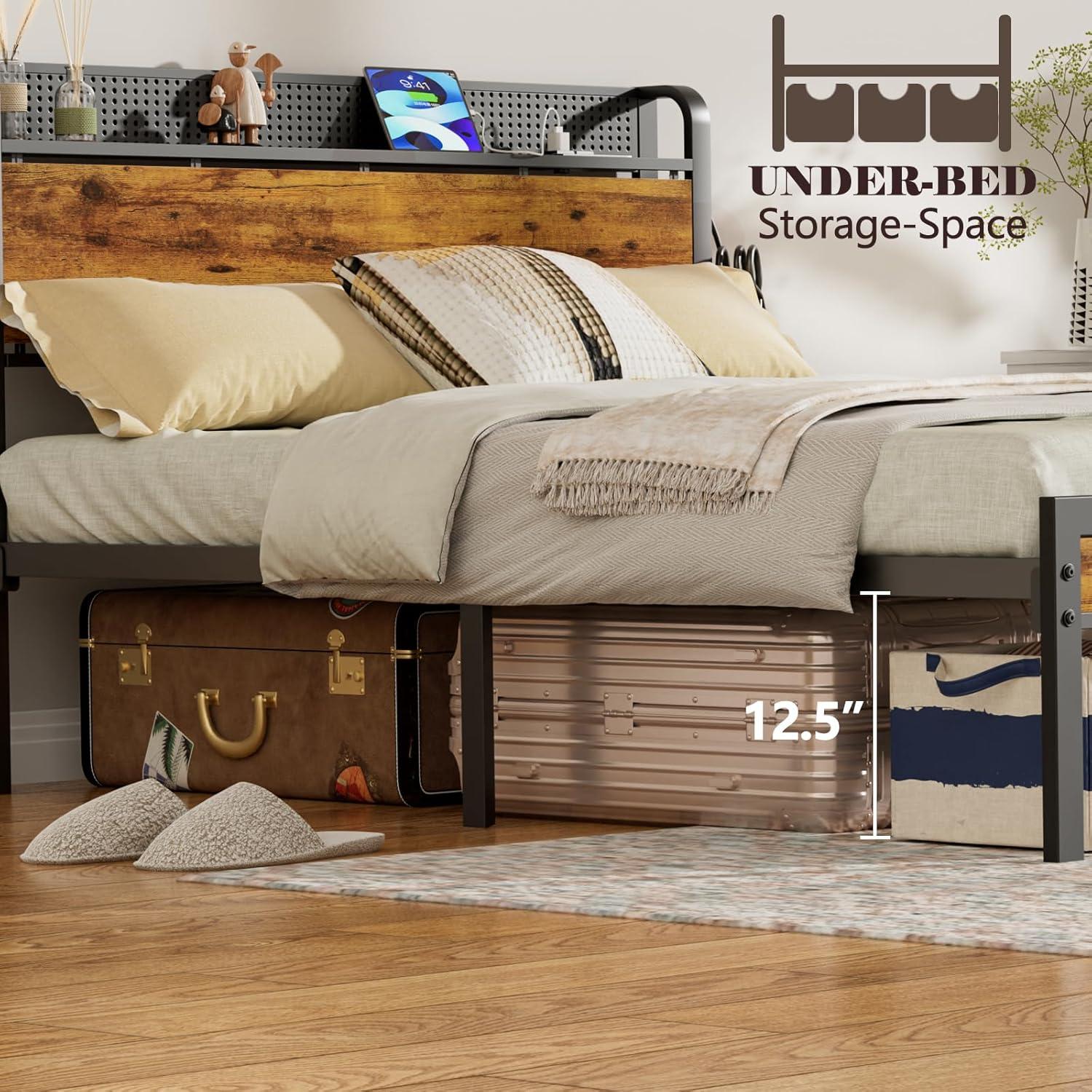 imageFurnulem Full Bed Frame with LED LightsIndustrial Storage Headboard with Charging StationUSB PortUnder Bed StorageWood Platform with Strong Metal SupportNo Box Spring Needed SilentQueen