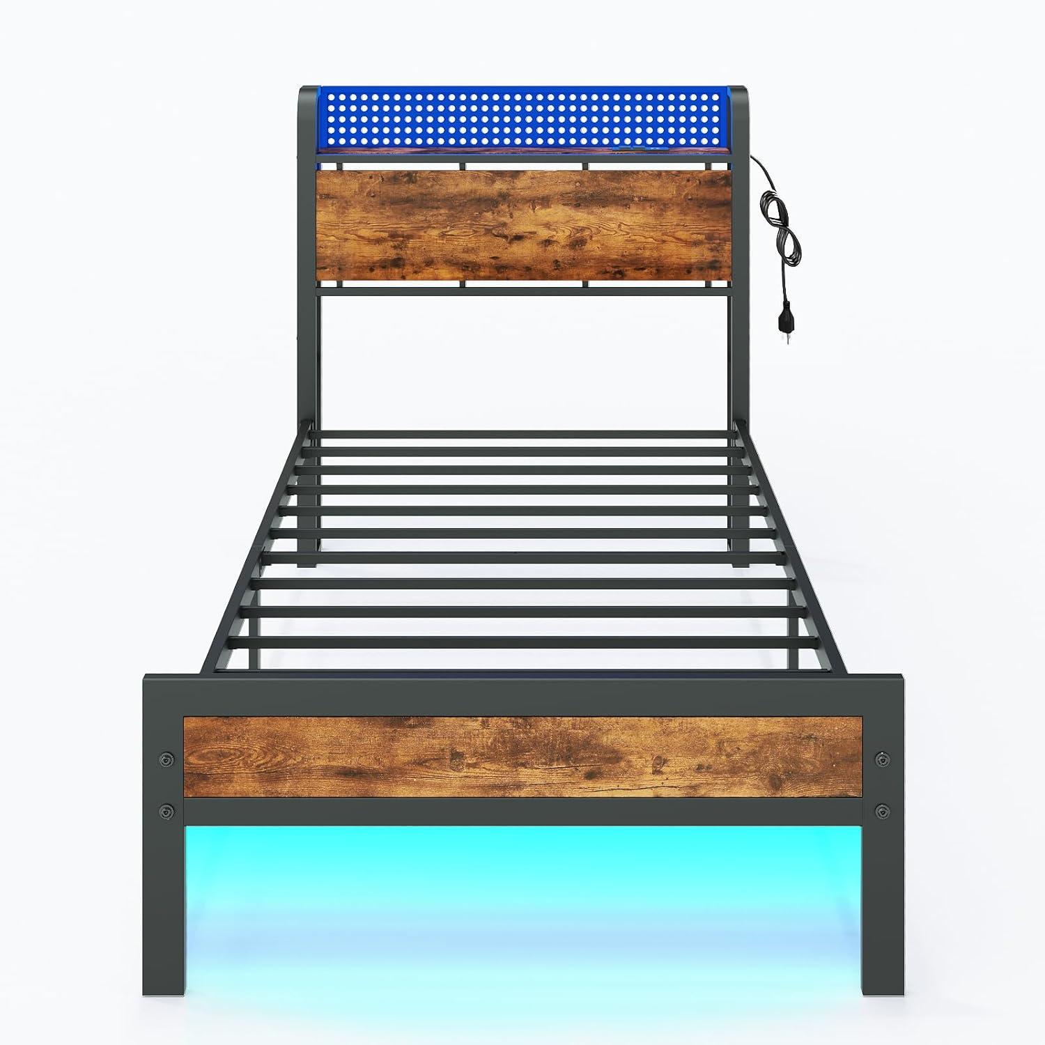 imageFurnulem Full Bed Frame with LED LightsIndustrial Storage Headboard with Charging StationUSB PortUnder Bed StorageWood Platform with Strong Metal SupportNo Box Spring Needed SilentTwin