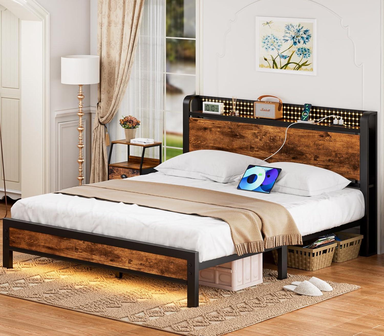 imageFurnulem Full Bed Frame with LED LightsIndustrial Storage Headboard with Charging StationUSB PortUnder Bed StorageWood Platform with Strong Metal SupportNo Box Spring Needed SilentQueen