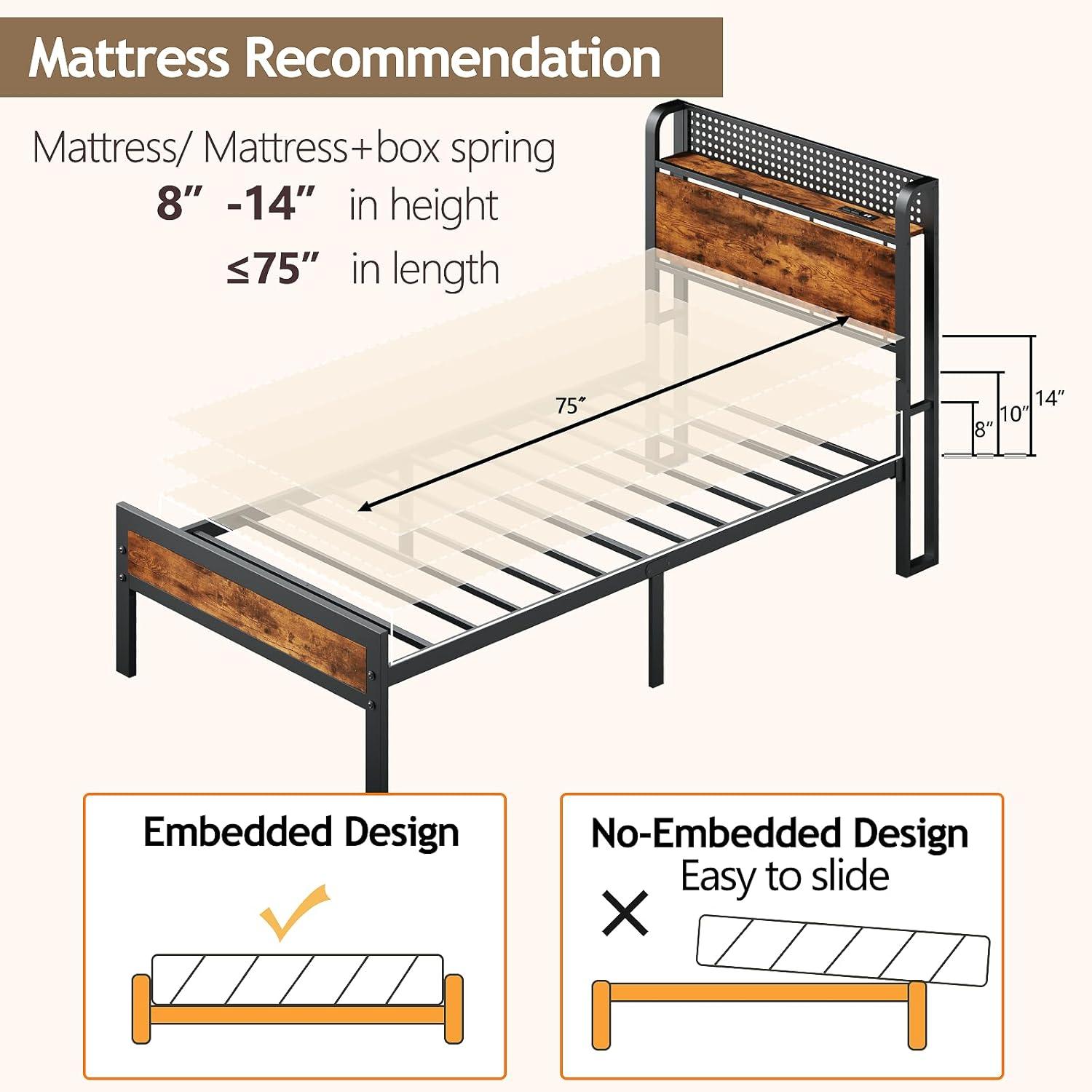 imageFurnulem Full Bed Frame with LED LightsIndustrial Storage Headboard with Charging StationUSB PortUnder Bed StorageWood Platform with Strong Metal SupportNo Box Spring Needed SilentTwin