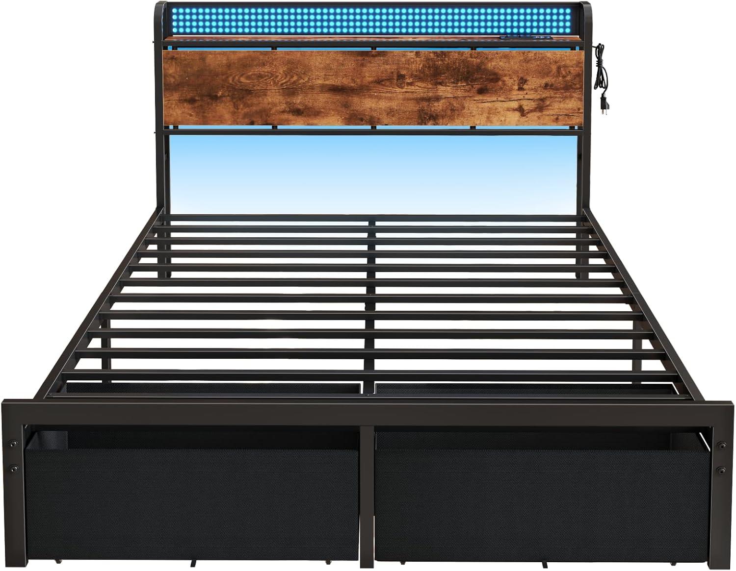 imageFurnulem Full Size Bed Frame with Headboard Storage Platform Bed Frame Full Size with 2 Drawers Charging Station and LED Lights No Box Spring Needed Noise FreeQueen