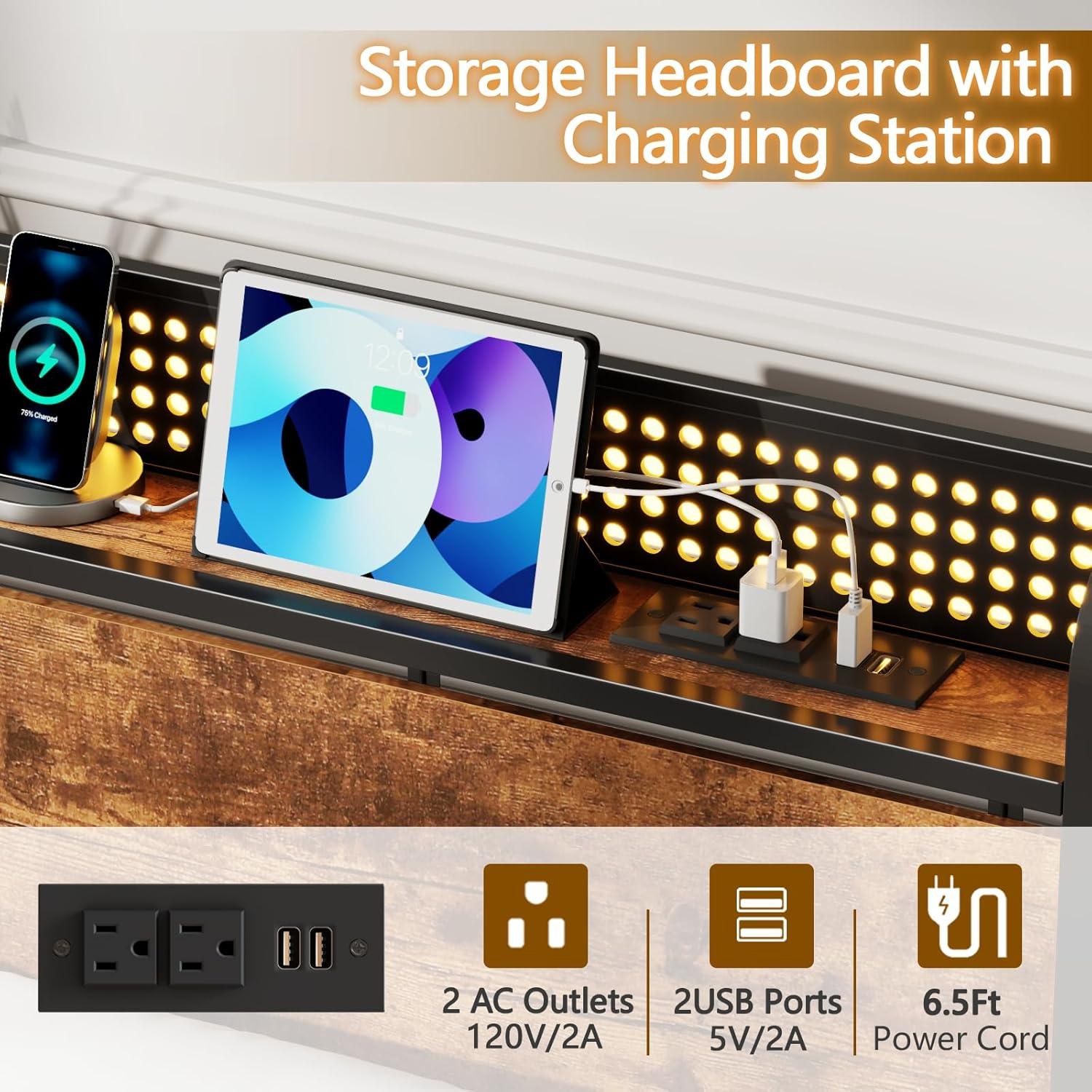 imageFurnulem Full Size Bed Frame with Headboard Storage Platform Bed Frame Full Size with 2 Drawers Charging Station and LED Lights No Box Spring Needed Noise FreeFull