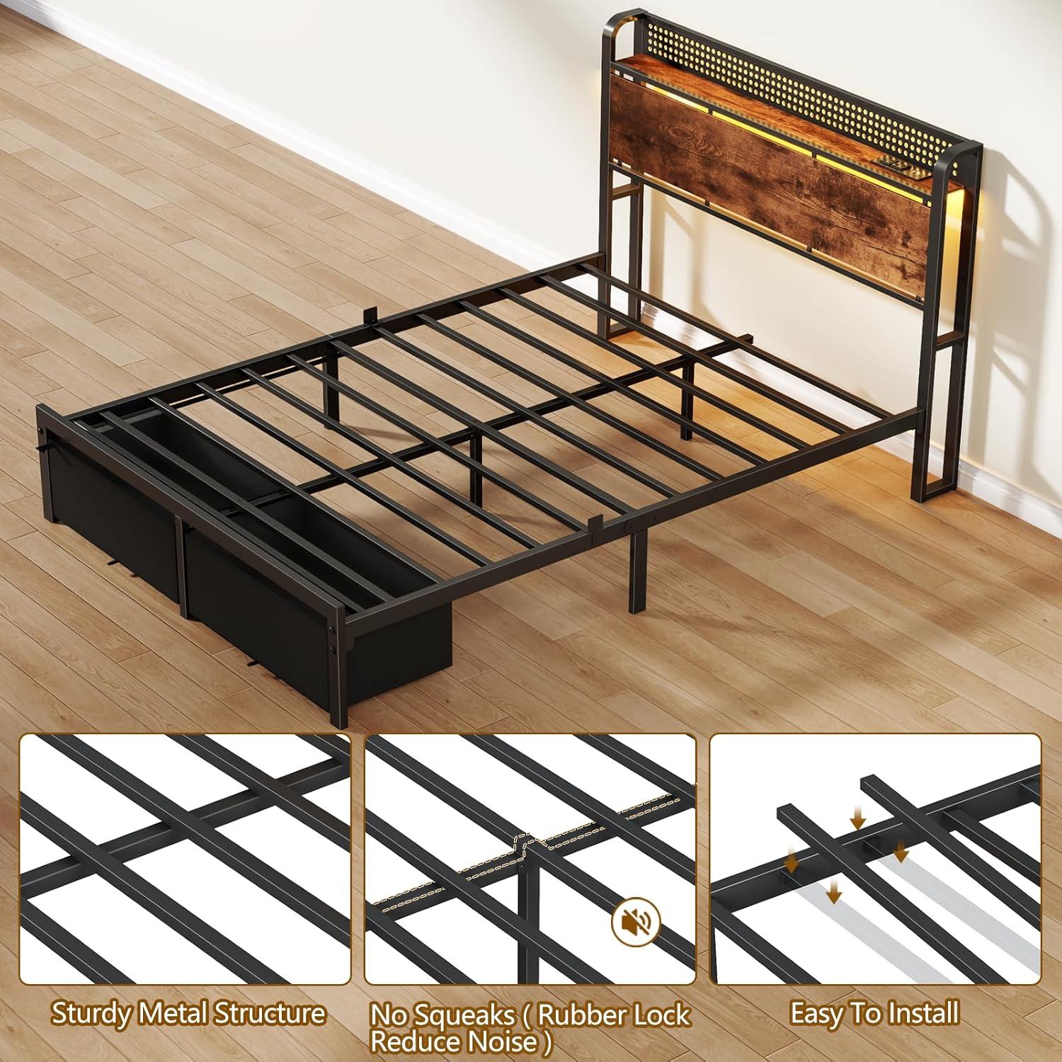 imageFurnulem Full Size Bed Frame with Headboard Storage Platform Bed Frame Full Size with 2 Drawers Charging Station and LED Lights No Box Spring Needed Noise FreeFull