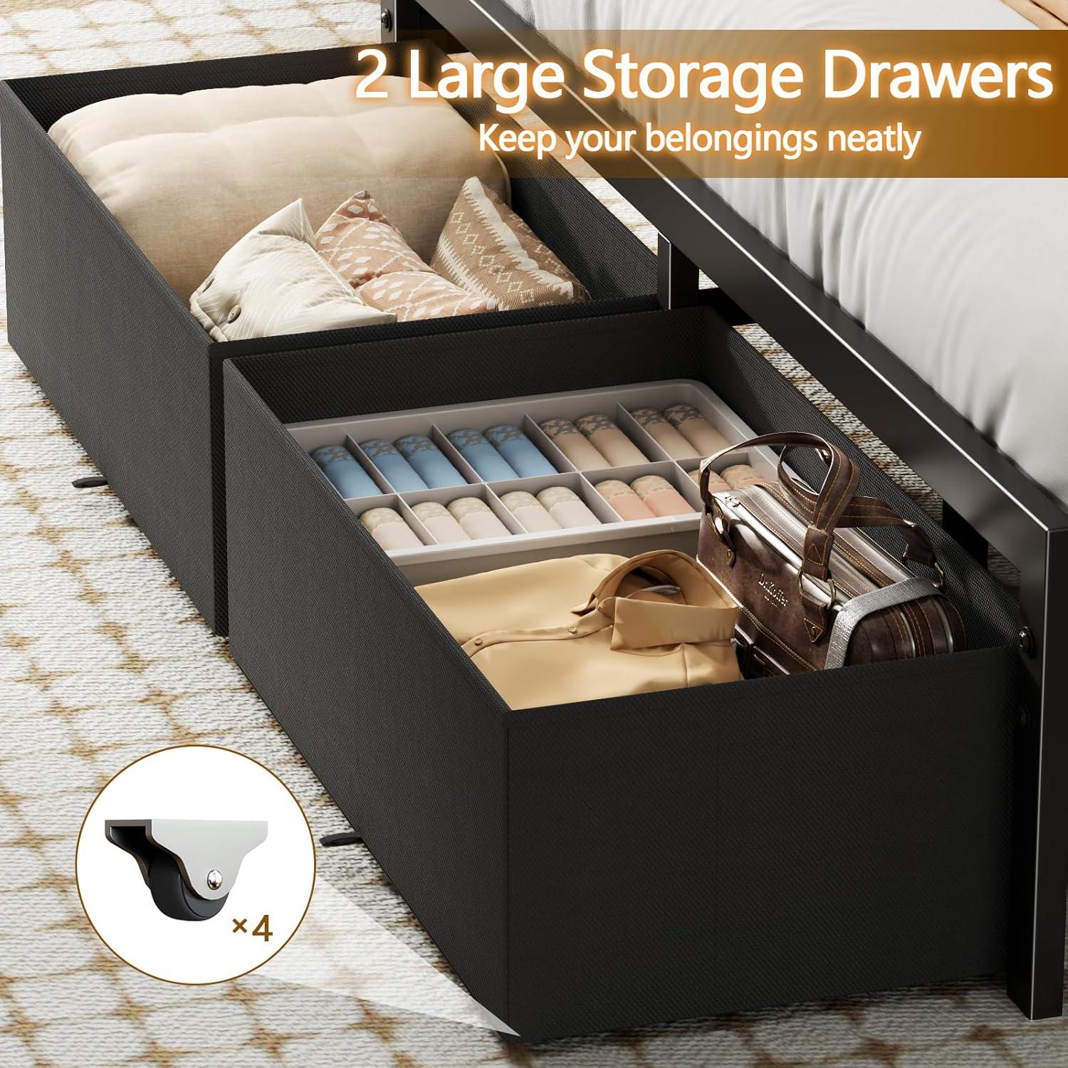 imageFurnulem Full Size Bed Frame with Headboard Storage Platform Bed Frame Full Size with 2 Drawers Charging Station and LED Lights No Box Spring Needed Noise FreeFull