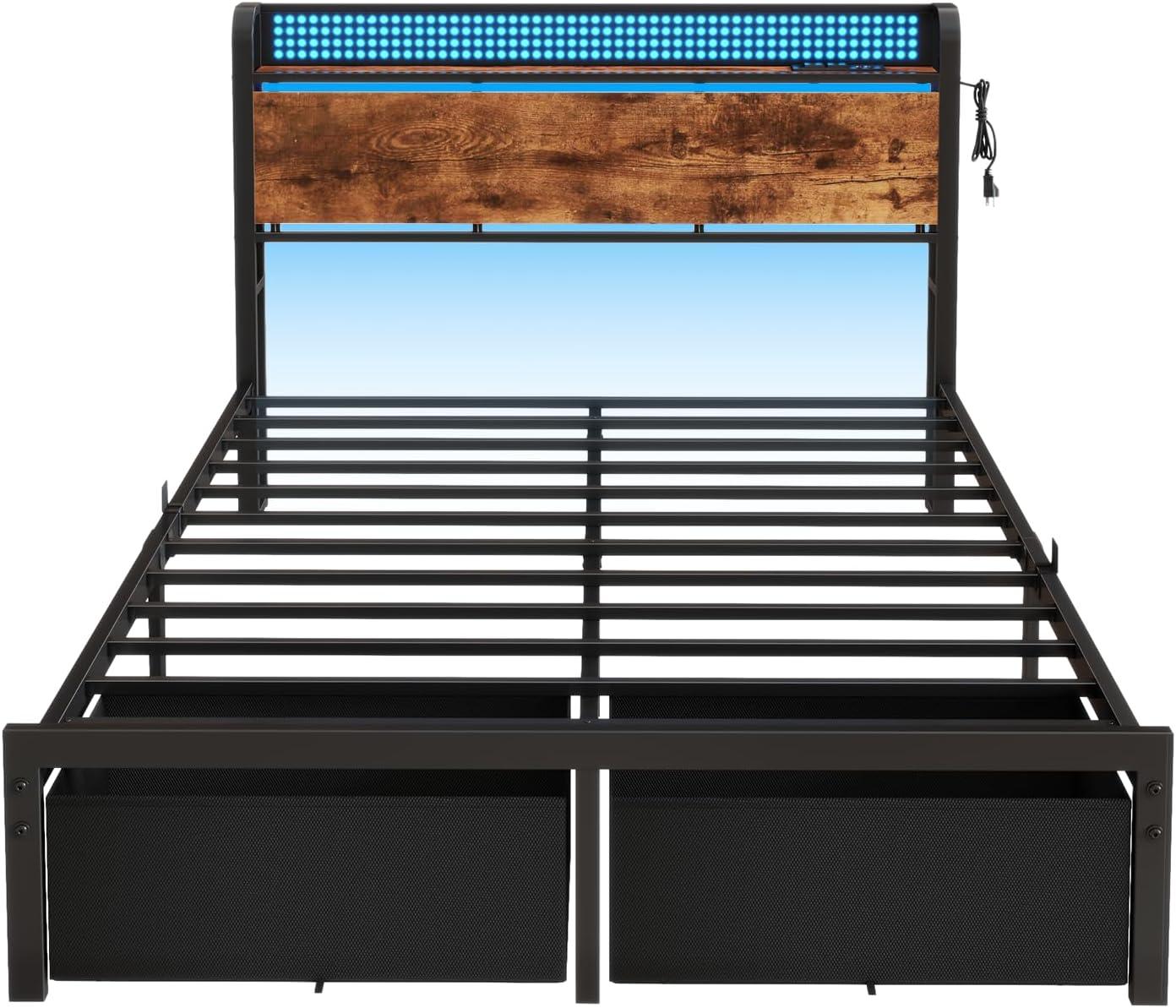 imageFurnulem Full Size Bed Frame with Headboard Storage Platform Bed Frame Full Size with 2 Drawers Charging Station and LED Lights No Box Spring Needed Noise FreeFull