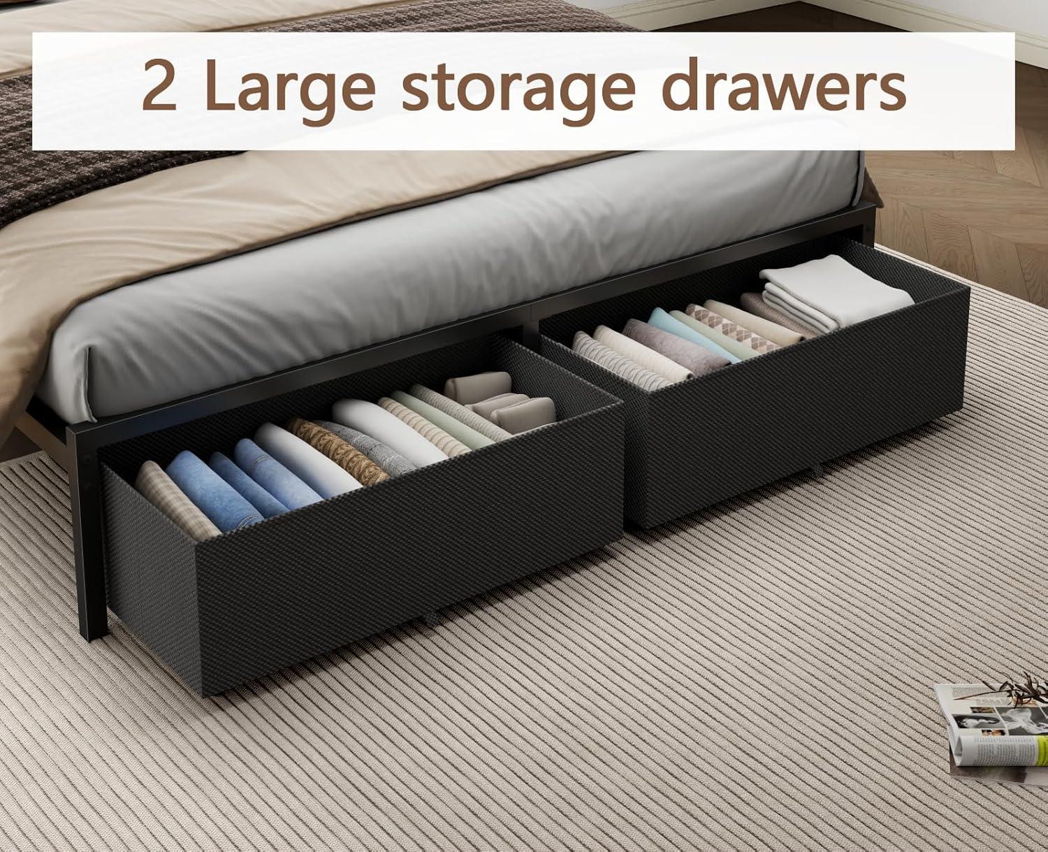 imageFurnulem Full Size Bed Frame with HeadboardUpholstered Bed Full with LED LightUSB Charging StationPlatform Bedframe with 2 Fabric Underbed Storage DrawersNo Spring Box NeededQueen