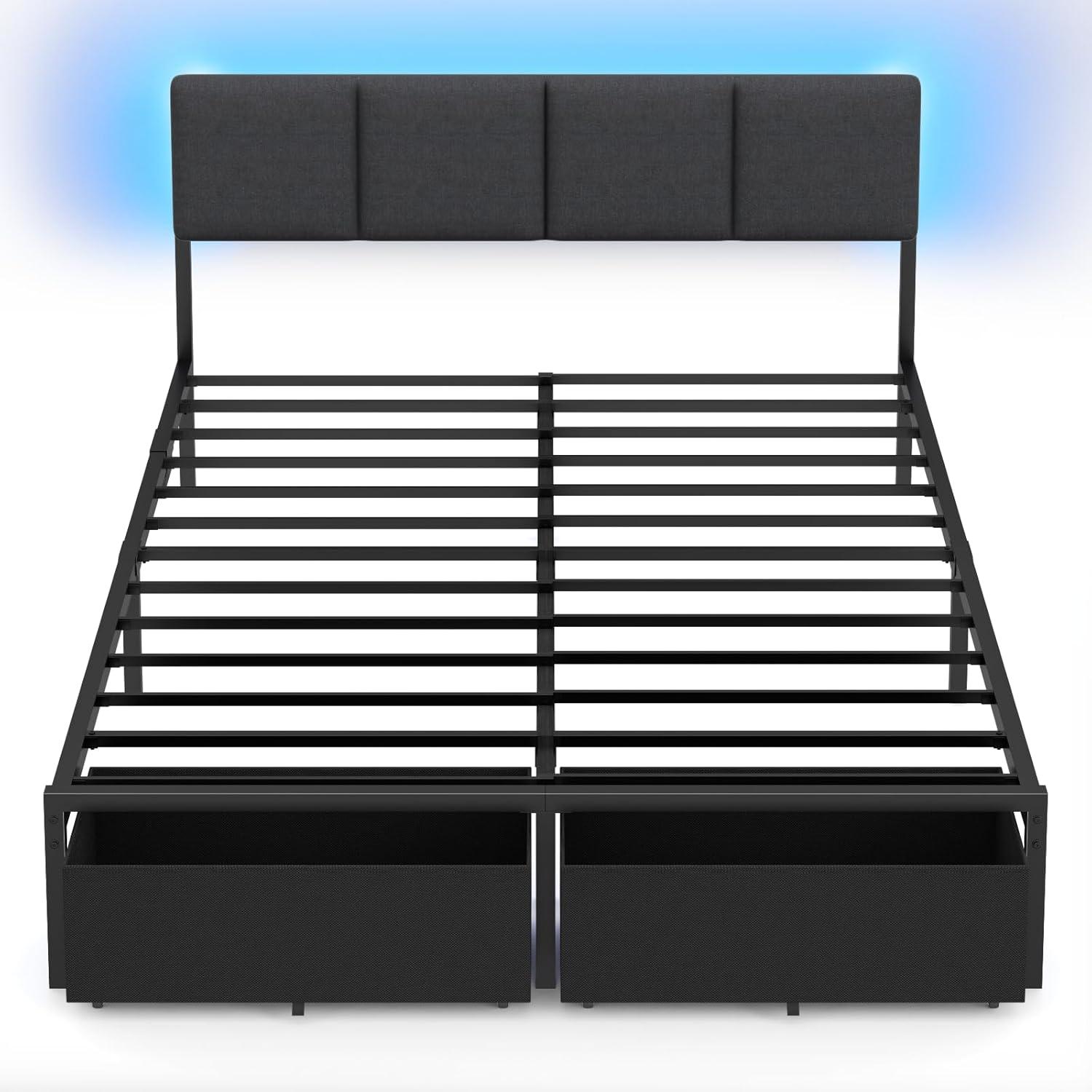imageFurnulem Full Size Bed Frame with HeadboardUpholstered Bed Full with LED LightUSB Charging StationPlatform Bedframe with 2 Fabric Underbed Storage DrawersNo Spring Box NeededQueen