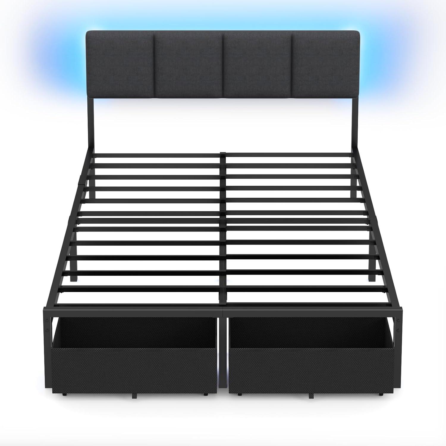 imageFurnulem Full Size Bed Frame with HeadboardUpholstered Bed Full with LED LightUSB Charging StationPlatform Bedframe with 2 Fabric Underbed Storage DrawersNo Spring Box NeededFull