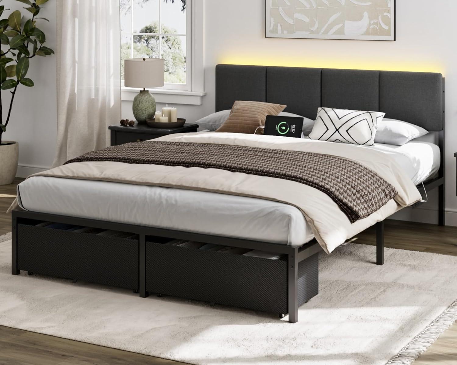 imageFurnulem Full Size Bed Frame with HeadboardUpholstered Bed Full with LED LightUSB Charging StationPlatform Bedframe with 2 Fabric Underbed Storage DrawersNo Spring Box NeededQueen