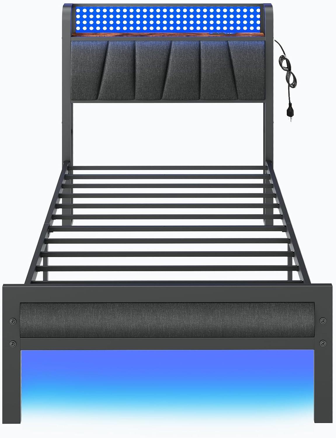 imageFurnulem King Bed Frame with Headboard and LED Light Upholstered Platform with Power Outlet and USB Port King Size Bed with Metal Support and FootboardNo Box Spring Needed Noise FreeTwin