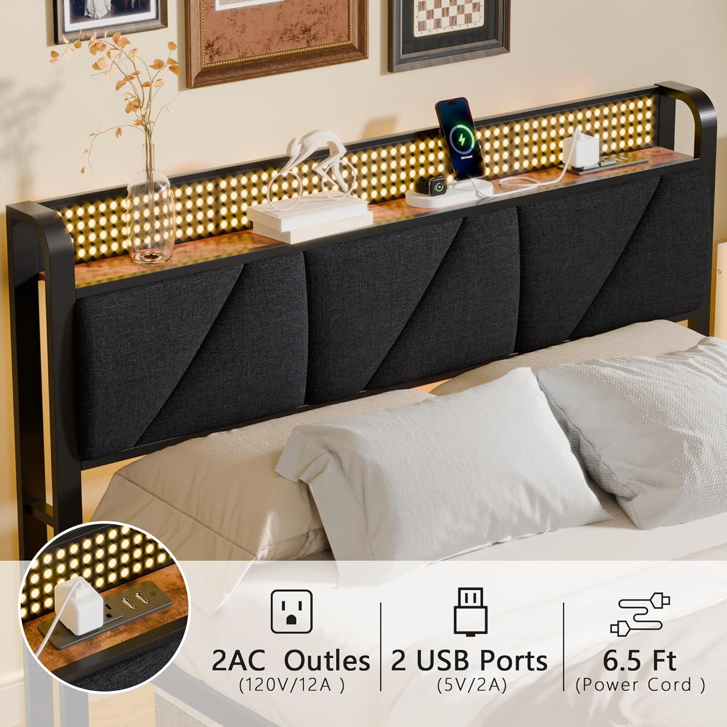 imageFurnulem King Bed Frame with Headboard and LED Light Upholstered Platform with Power Outlet and USB Port King Size Bed with Metal Support and FootboardNo Box Spring Needed Noise FreeQueen