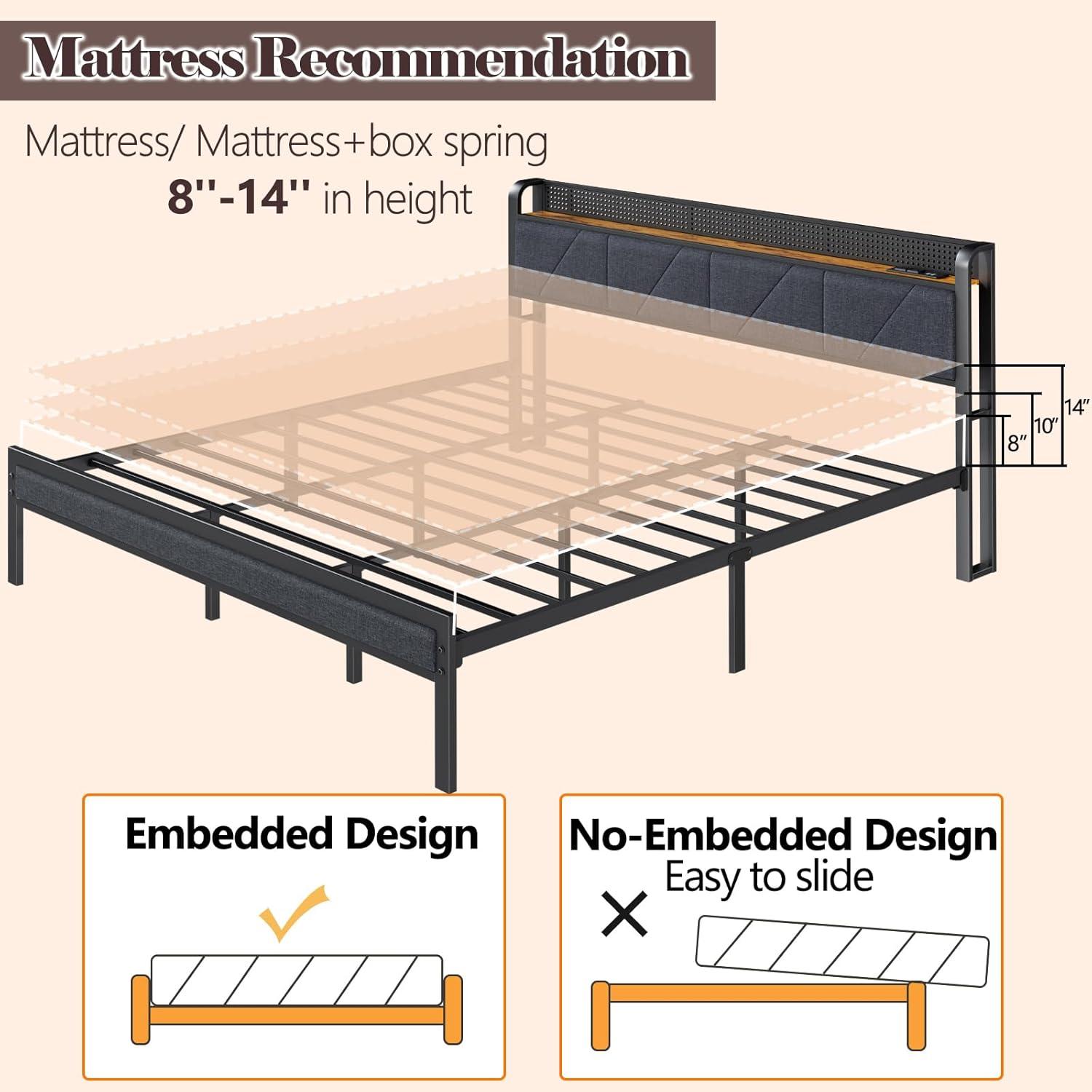 imageFurnulem King Bed Frame with Headboard and LED Light Upholstered Platform with Power Outlet and USB Port King Size Bed with Metal Support and FootboardNo Box Spring Needed Noise FreeKing