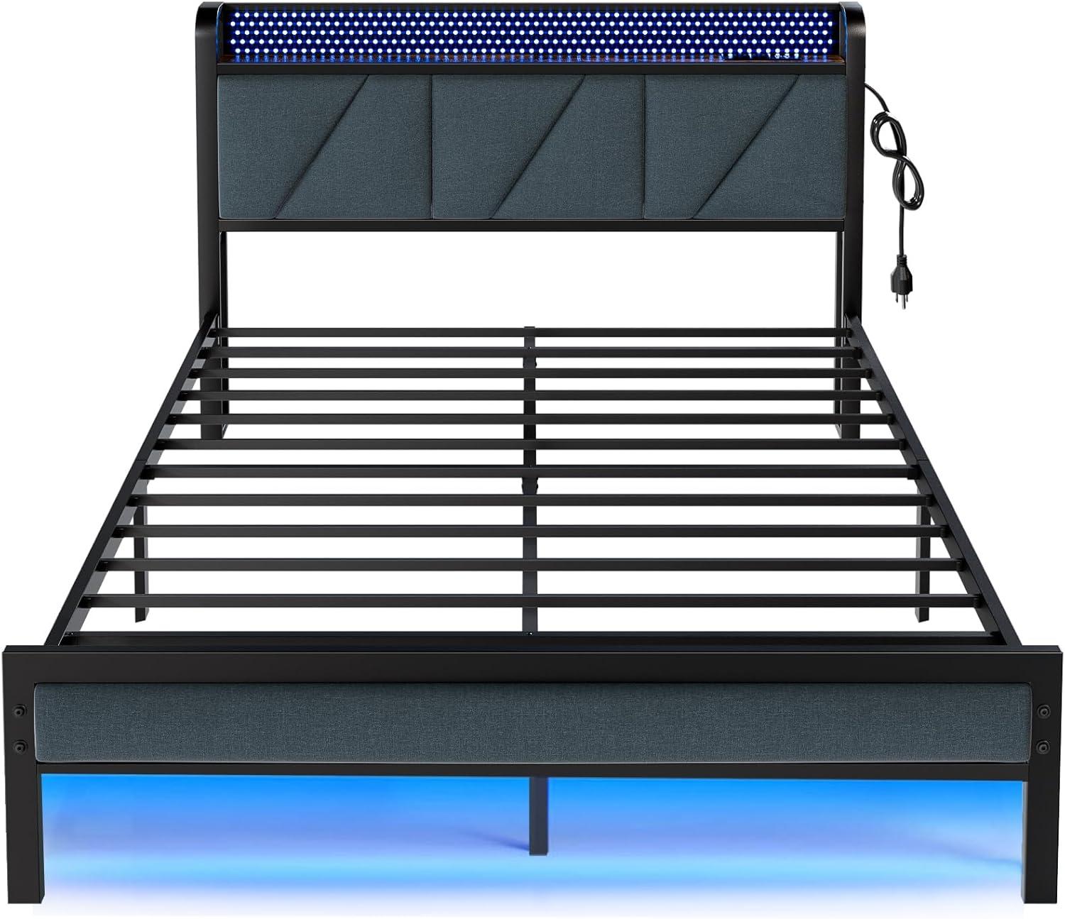 imageFurnulem King Bed Frame with Headboard and LED Light Upholstered Platform with Power Outlet and USB Port King Size Bed with Metal Support and FootboardNo Box Spring Needed Noise FreeFull